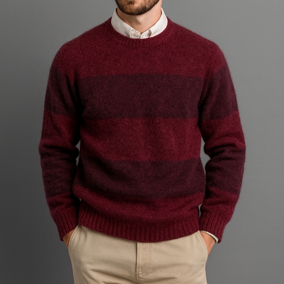 Officine Générale Men’s Scotland Striped Pure New Wool Sweater Burgundy Plum S - Picture 2 of 11